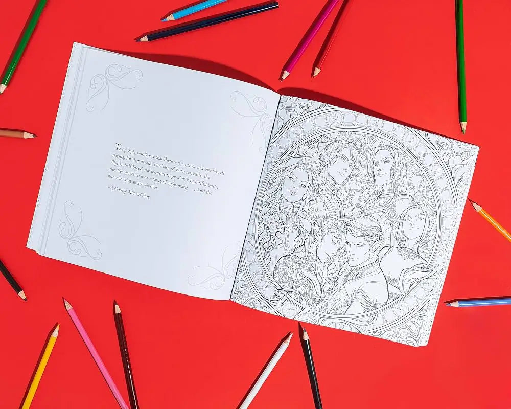Open coloring book thorns and roses featuring intricate black-and-white fantasy line art with colorful pencils on red background