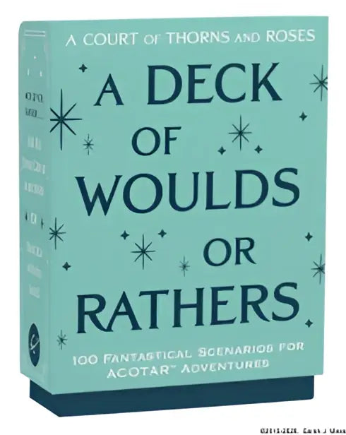 Een muntgroene hardcover boek met sterpatroon en de titel a deck of wouds or rather uit de thorns and roses official deck collectie
