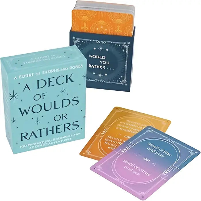 A court of thorns and roses official deck woulds or rathers cards in a light blue star-patterned box with orange and purple faces