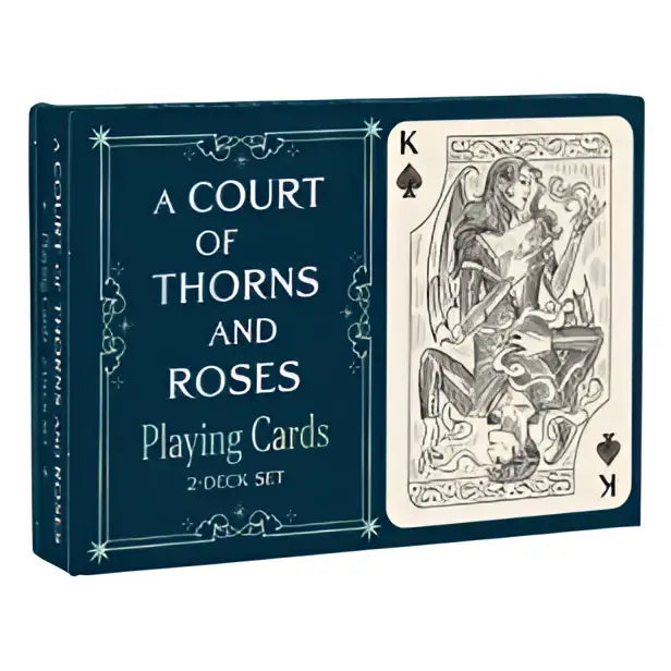 A court of thorns and roses official playing card set with navy blue box and silver king of spades design