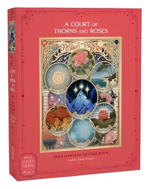 Een levendige rode hardcover puzzel van duizend stukjes met de officiële seven courts van thorns and roses