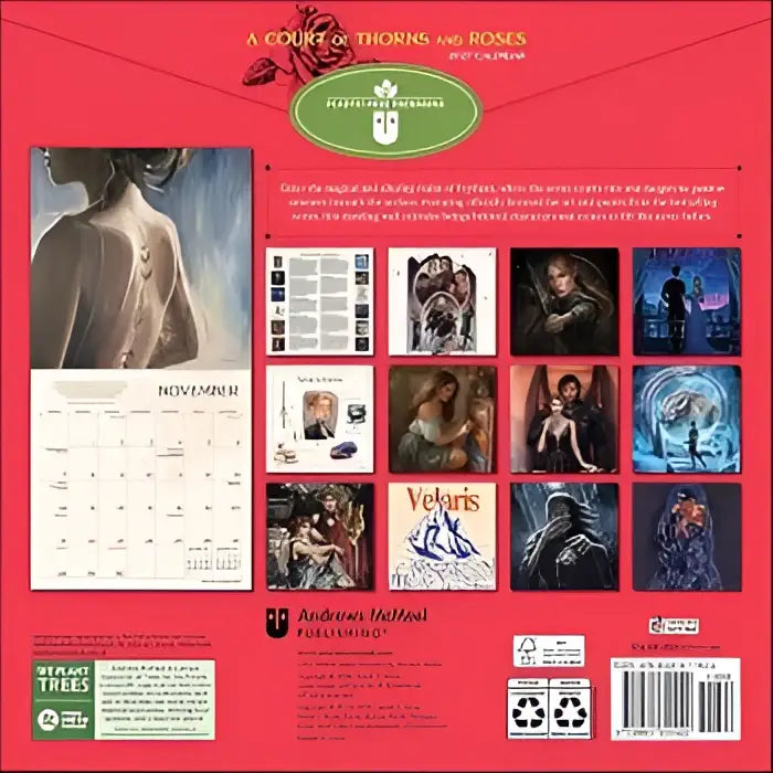 Achterzijde van de officieel gelicentieerde rode thorns and roses kalender 2027 met geïllustreerde maandscènes