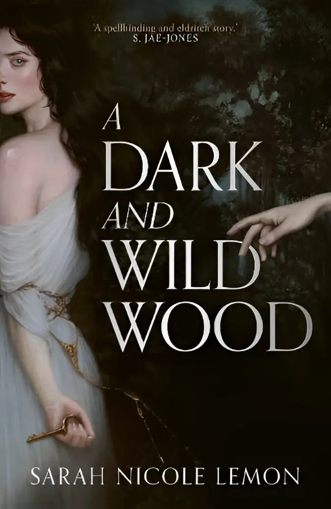 De cover van a dark and wild wood toont een vrouw in een off-white vloeiende jurk met sleutel en tak voor een donker bos