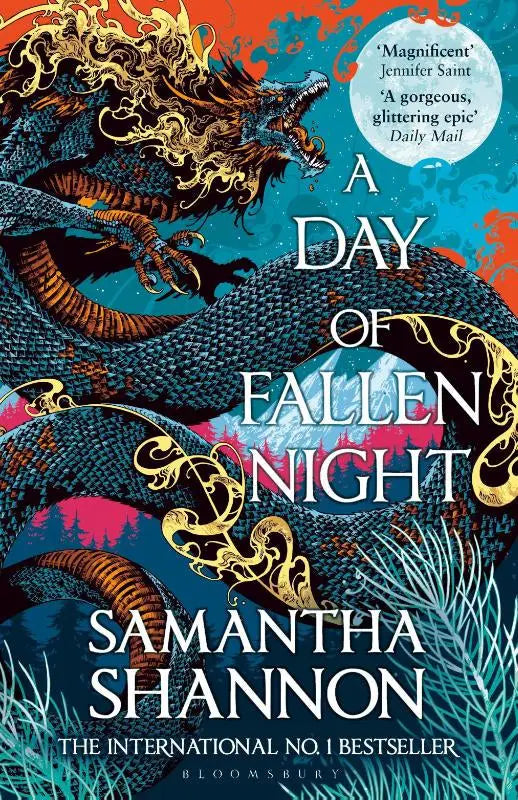 De cover van the multi-million-copy bestselling fantasy boek a day of fallen night van samantha shannon met een blauwe en gouden draak tegen een levendige teal en oranje achtergrond