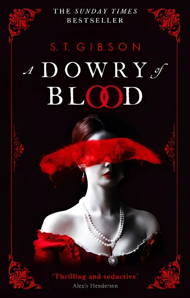 Een opvallende rode en zwarte boekomslag van a dowry of blood met een vrouw in een kanten off shoulder jurk en parelkettingen, gothic sunday times bestseller