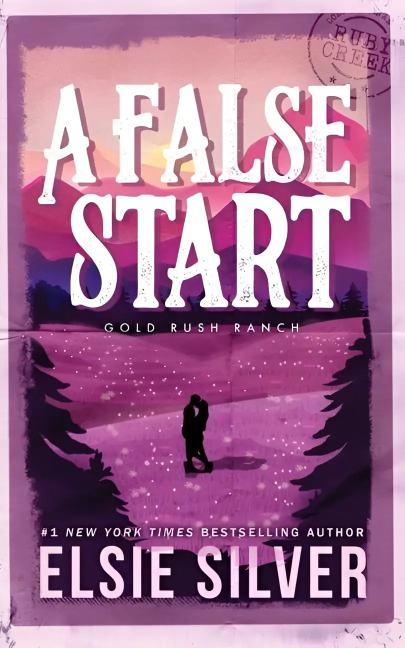 A purple book cover of a false start by elsie silver showing two figures walking in a snowy gold rush scene under a pink sky