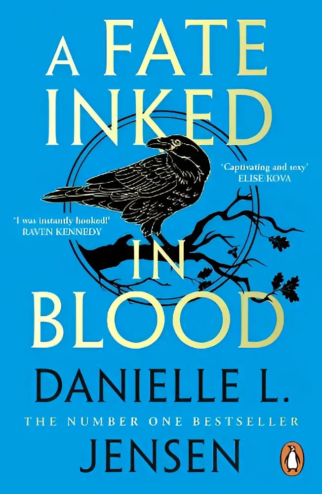 Een blauw boek met een zwarte kraai en de titel a fate inked in blood van danielle l in de serie the unfated