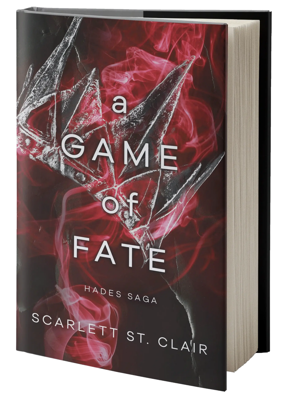Hardcover boek a game of fate met metallic hoekige kroon op rood-zwart rookmotief omslag