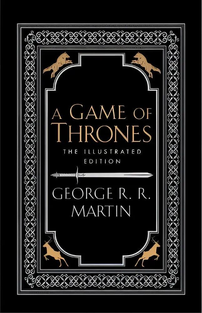 Zwarte hardcover boek a game of thrones met goudgegoten titel en zilveren ornamenten over ice and fire serie