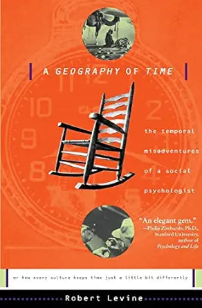De boekcover van a geography of time door Robert Levine toont een oranje achtergrond met een zwarte schommelstoel en klok