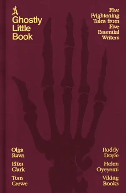 Een maroon boekomslag van ghostly little book met een zwart skelethandafdrukontwerp en witte auteurstekst