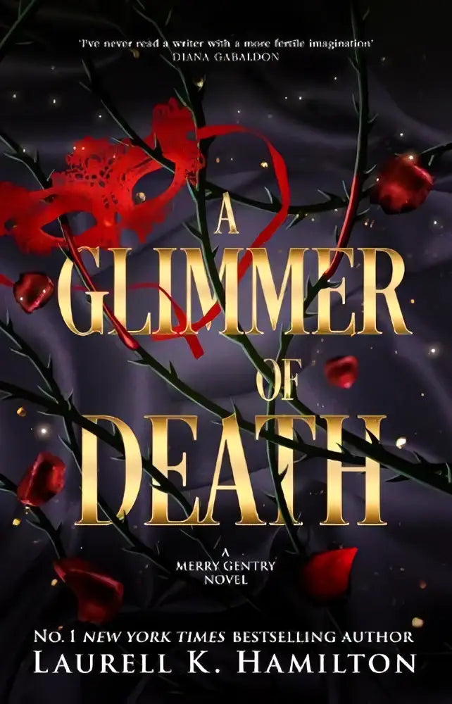 A glimmer of death gothic book cover by transworld publishers ltd with gold title, black branches, and red roses