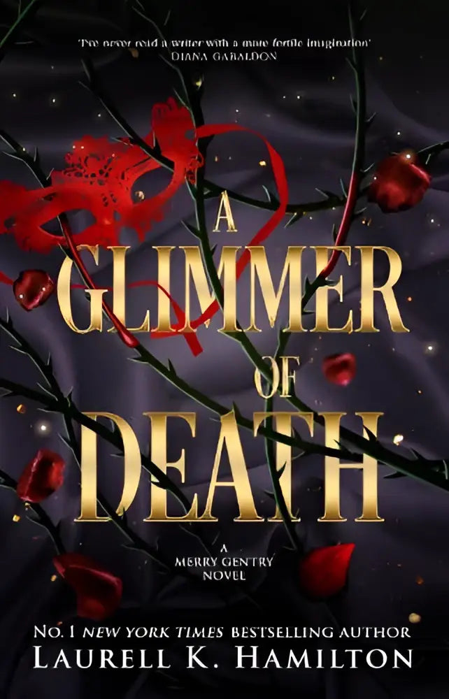 Donkere gothic boekcover van a glimmer of death met gouden letters en zwarte takken en rode rozen voor romantische fantasy fans