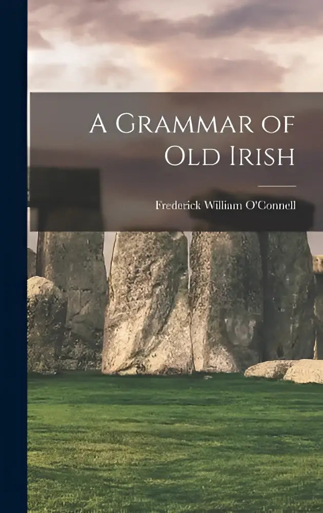 Hardcoverboek a grammar of old irish met een omslag van oude stenen monolieten onder een schemeringslucht