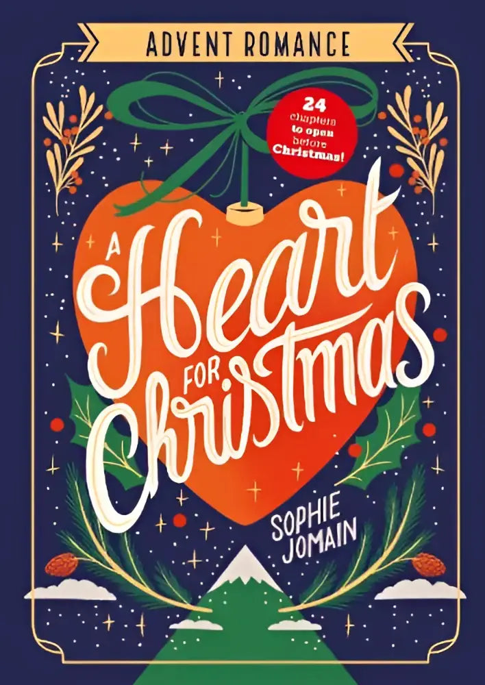 Een levendige oranje hartvormige adventskalender met groene hulst en nachtelijke sterren lucht voor advent romance