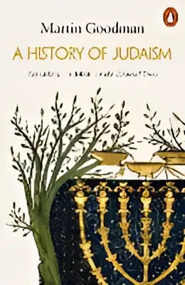 A history of Judaism boek met een zwart-gouden menorah en groene bladeren op de omslag