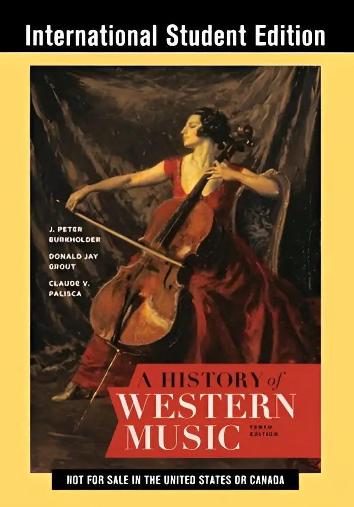 De cover van a history of western music van peter burkholder toont een vrouw in een rode jurk die cello speelt