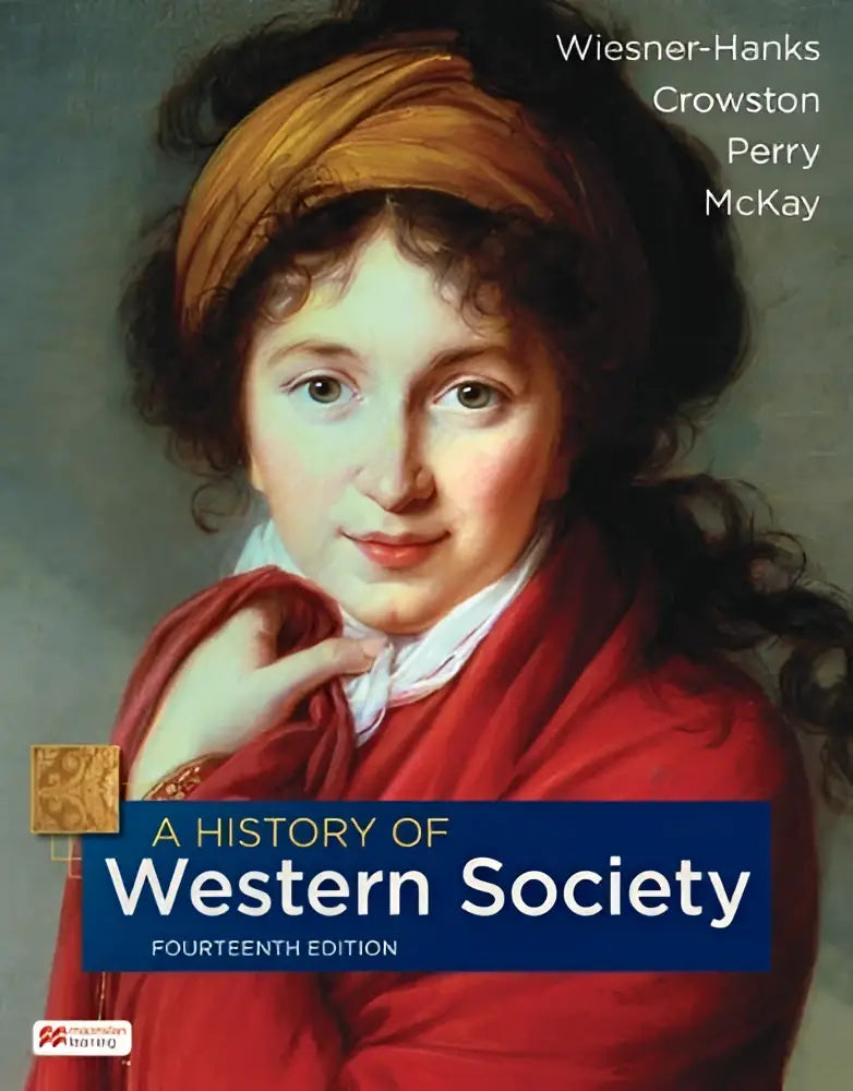 Boekcover van a history of western society combined edition met klassieke rode kleding en okerkleurige hoofddeksel