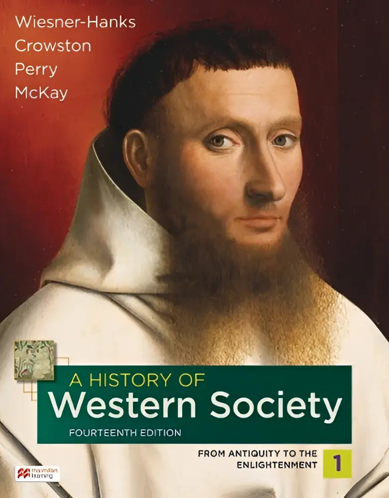 De boekomslag toont een klassieke portret van een bebaarde man in witte gewaden tegen een dieprode achtergrond met de titel a history of western society vooraan