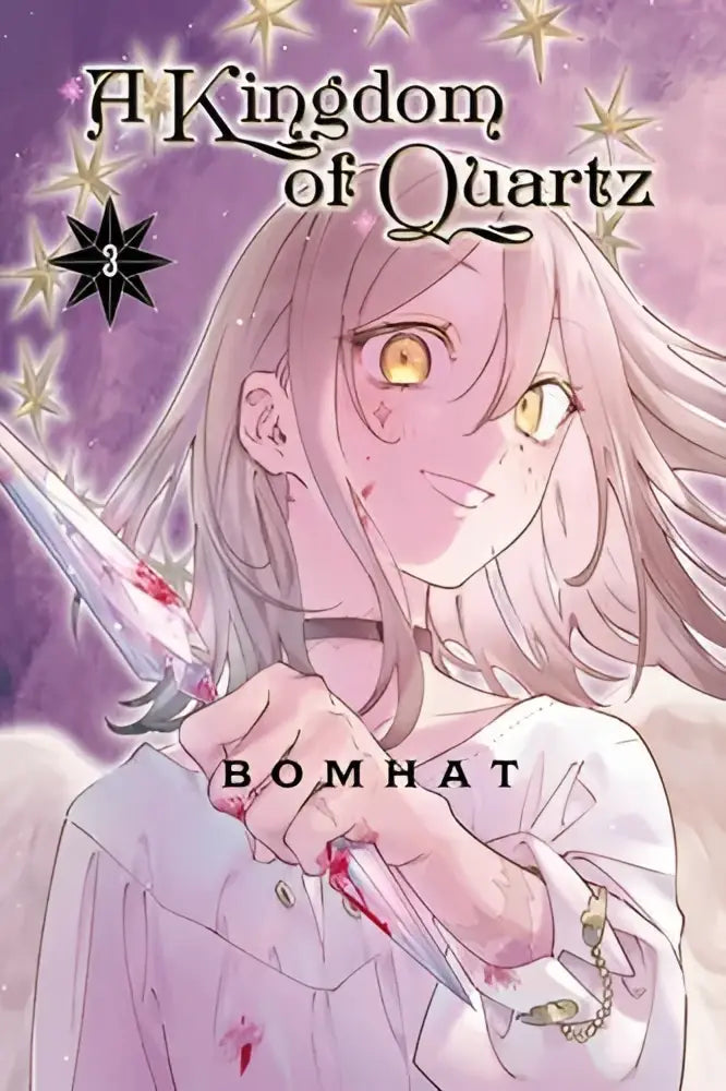 Manga volume cover van a kingdom of quartz 3 met jonge vrouw met lichtroze haar en bloedbesmeerde dolk