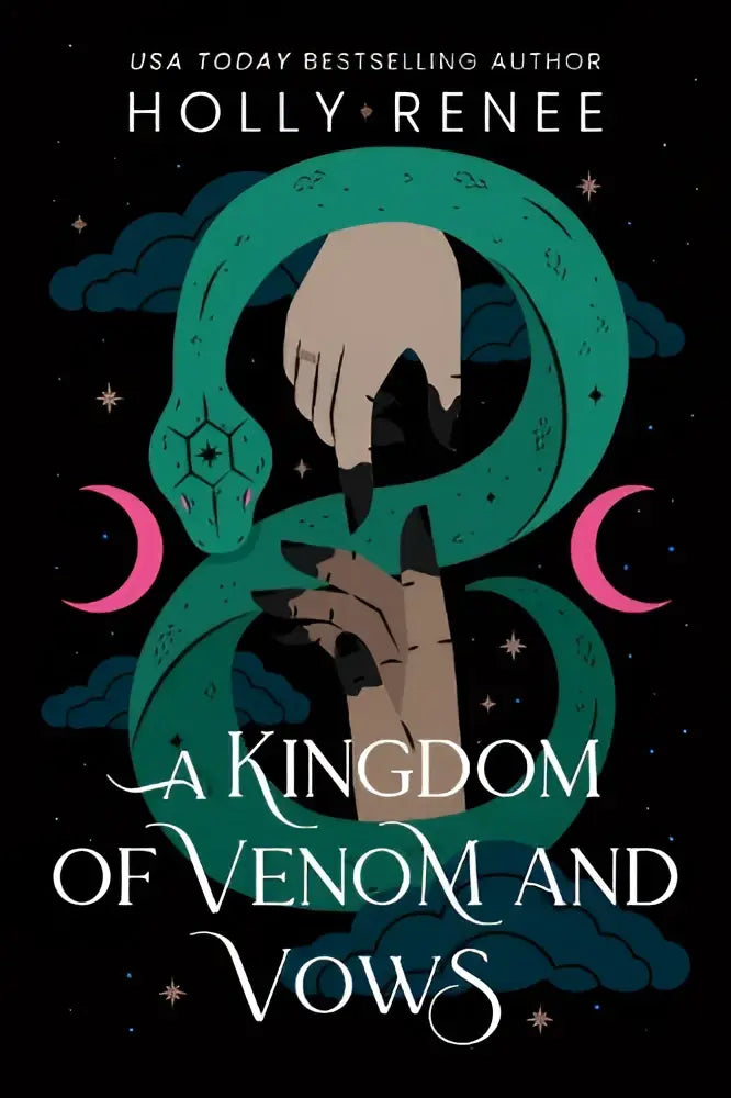 De derde boek a kingdom of venom and vows toont een teal slang rond handen met roze manen in stars and shadows serie