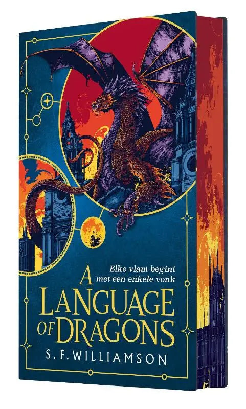 Een hardcover boek a language of dragons met een blauwe omslag en een draak tegen een vurige vlam begint achtergrond