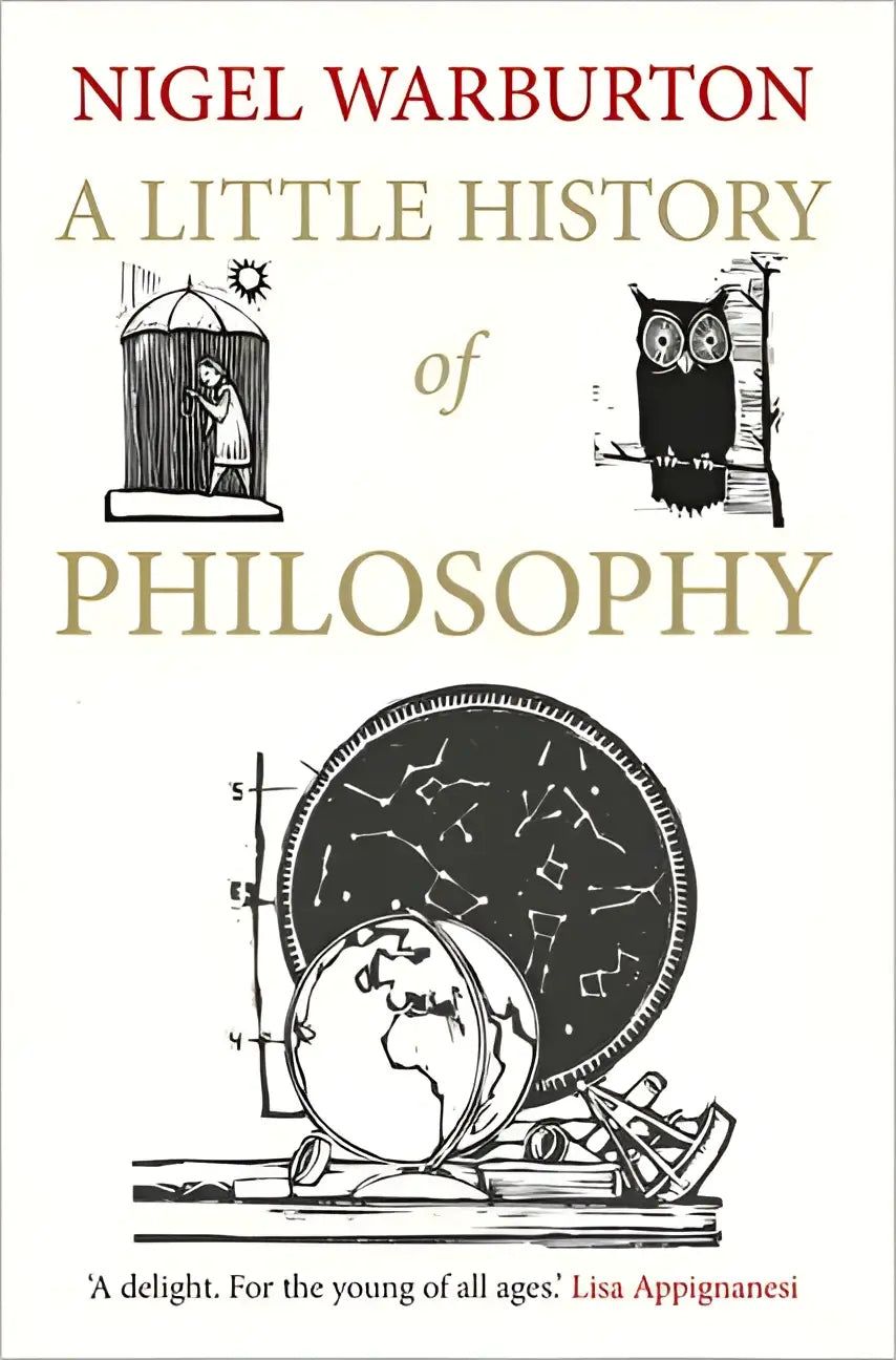 De boekcover van a little history of philosophy toont minimalistische zwart-witte illustraties over de geschiedenis van filosofie
