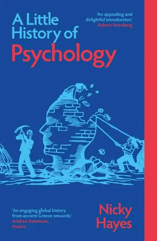 Blauw hardcover boek a little history of psychology door nicky hayes met gestileerde illustratie van hoofd van bakstenen