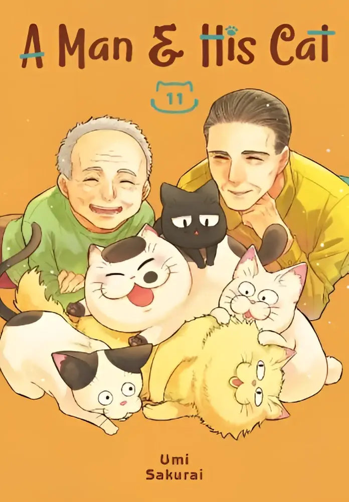 De man and his cat volume 11 manga cover met kleurrijke cartoon katten en twee mannen op een oranje achtergrond