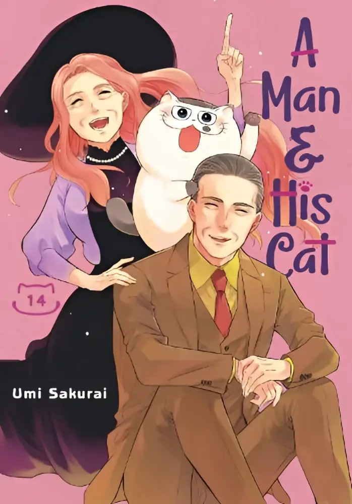 Whimsical manga cover of a man and his cat featuring a man in brown suit, a pink-haired witch, and a large white cat