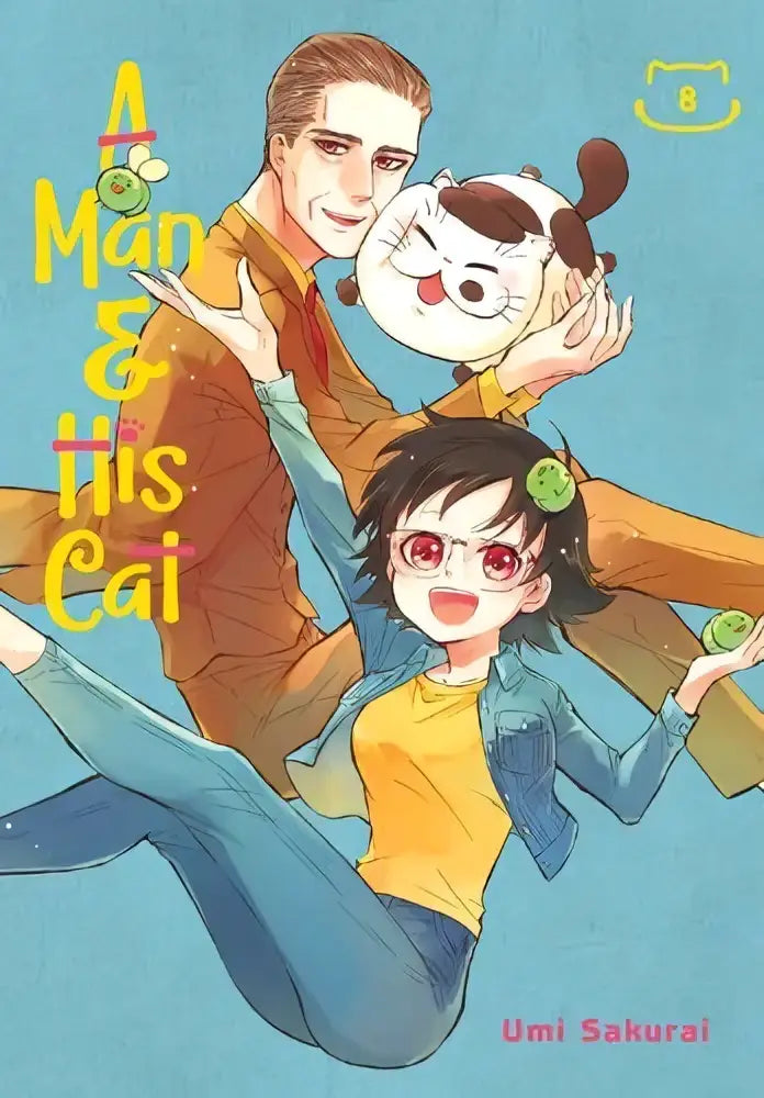 De cover van de manga a man and his cat 8 toont een kleurrijke illustratie met drie personages tegen een lichtblauwe achtergrond