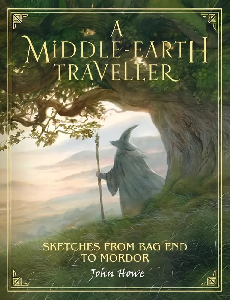 Een fantasieboek met een gewaadfiguur onder een grote boom getiteld a middle-earth traveller door john howe