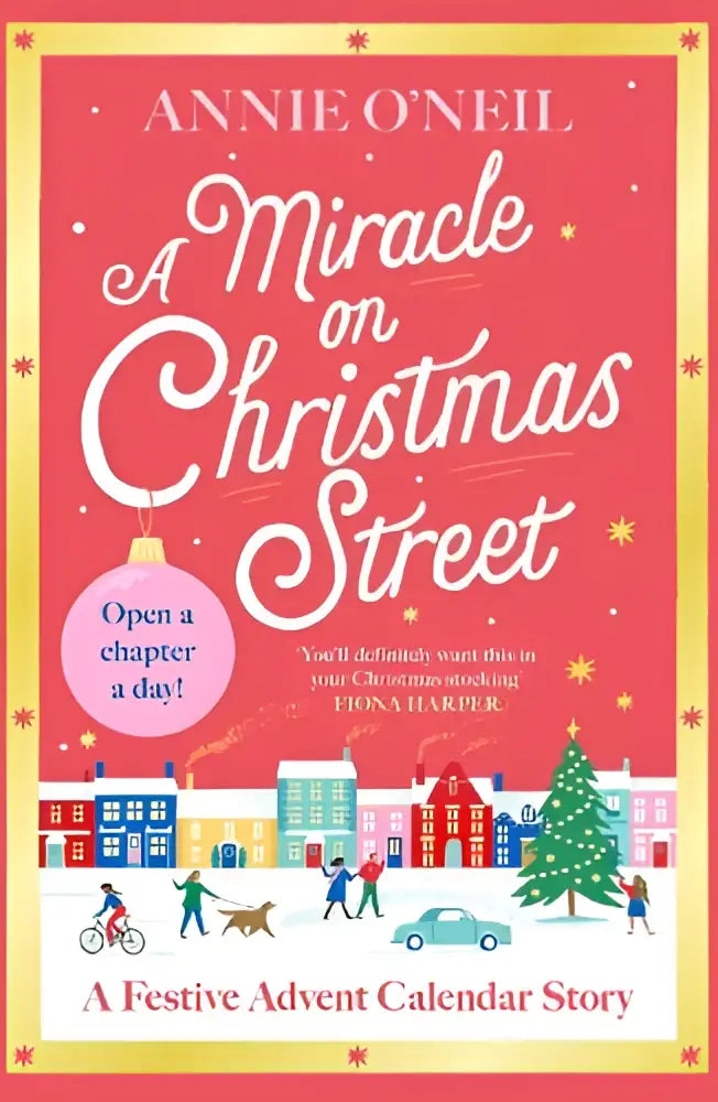Een feestelijk rood boek met een charmante illustratie van christmas street en een miracle on christmas verhaal