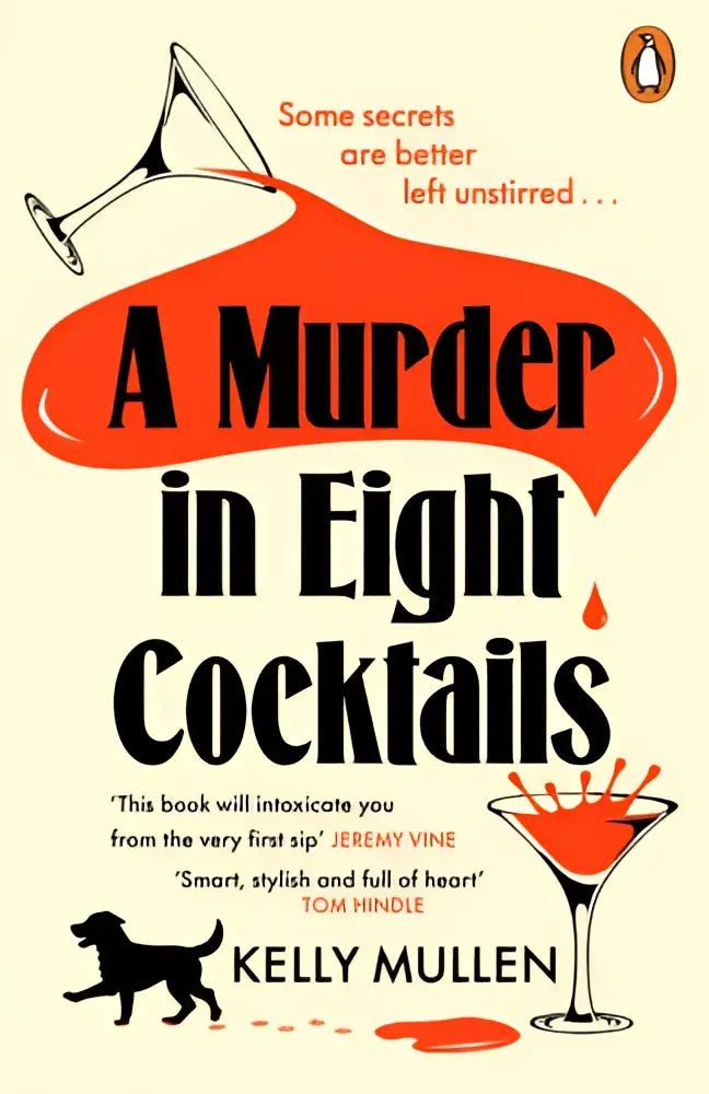 A murder in eight cocktails boekcover met zwarte tekst, rode cocktailillustraties en honden silhouet voor crime and mystery