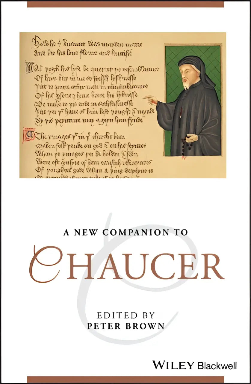 A scholarly book cover for a new companion to chaucer with a medieval man in black robes on parchment background