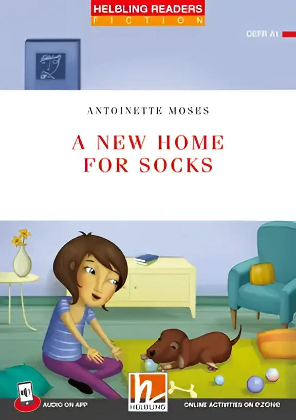 Boekomslag A new home for socks van Antoinette Moses met meisje en hond