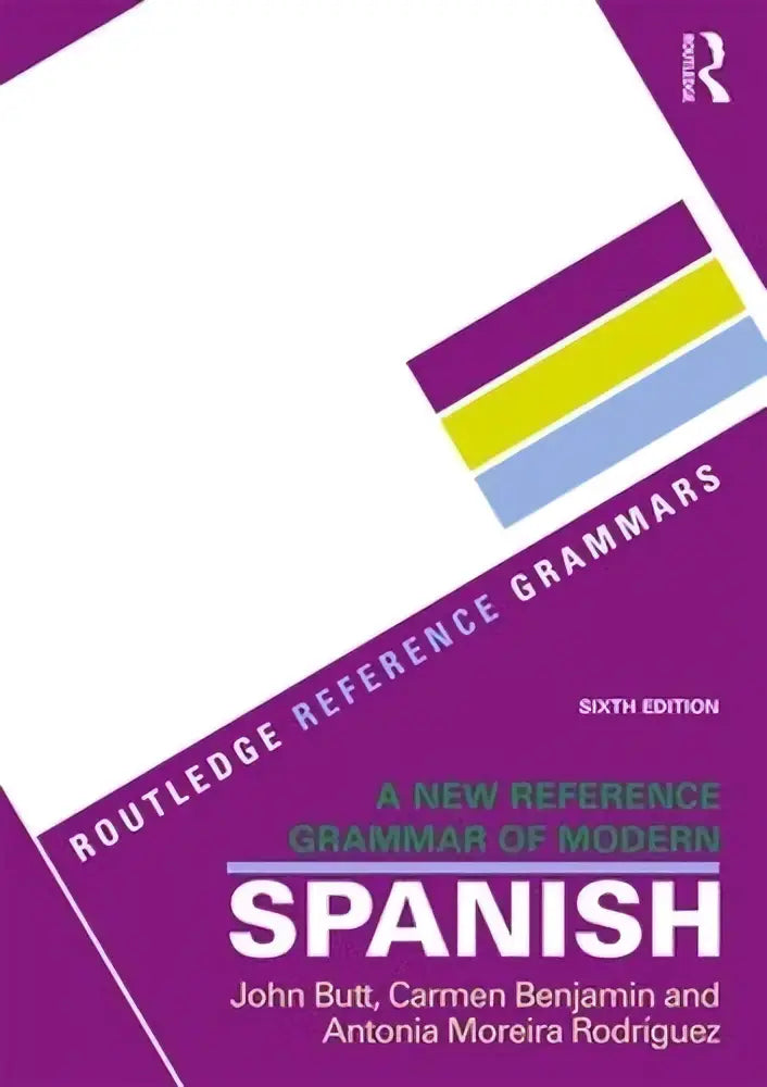 Paars hardcover boek a new reference grammar of modern spanish met witte omslag en diagonale paarse, gele en lichtblauwe strepen