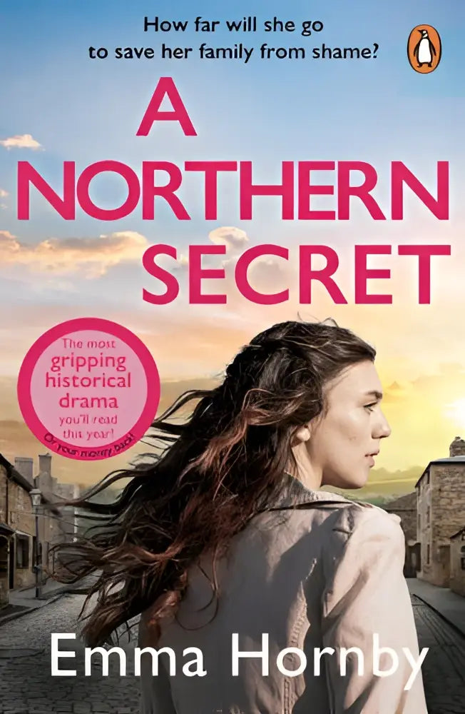 Papierboek a northern secret van emma hornby met roze witte omslag en vrouw in profiel tegen stenen gebouwen