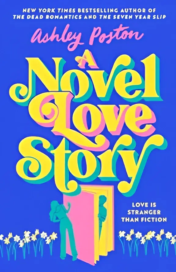 A vibrant blue book cover of a novel love story with bold colorful pink and yellow gradient lettering