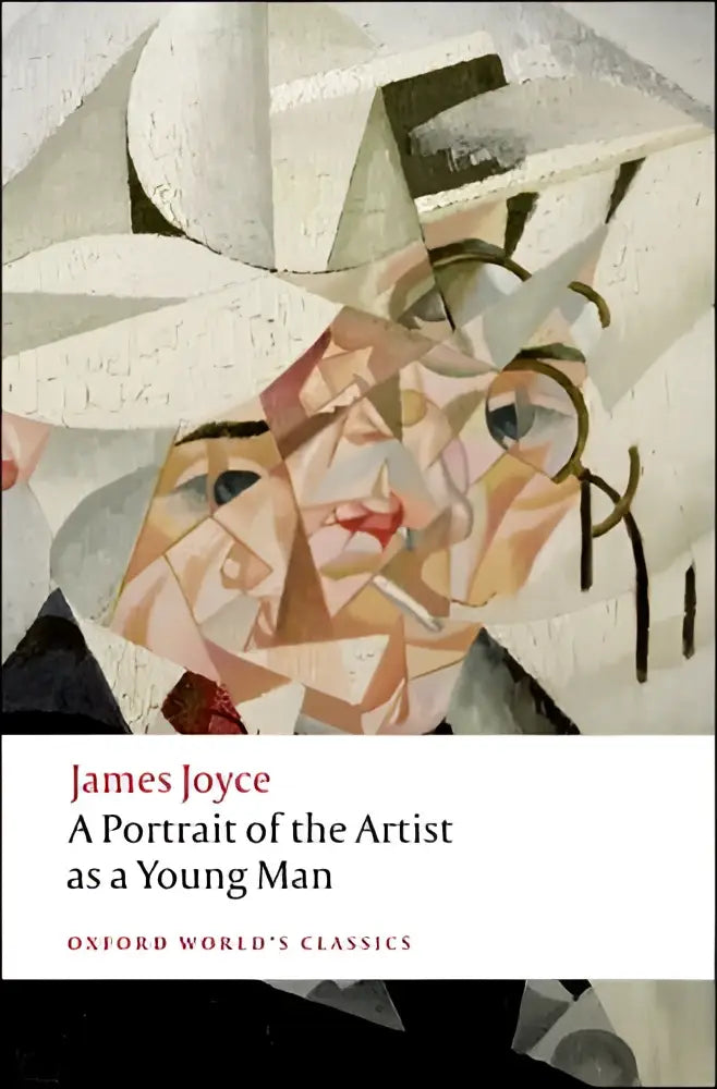 De omslag van het boek a portrait of the artist as a young man van james joyce toont een kubistische illustratie van twee gezichten in aardetinten en zwart, een van de meest significante literaire werken