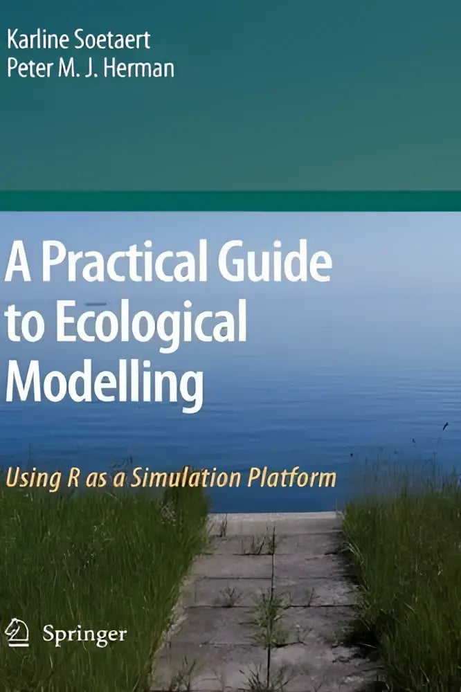 The book cover of a practical guide to ecological modelling shows a stone path into blue water framed by green grass