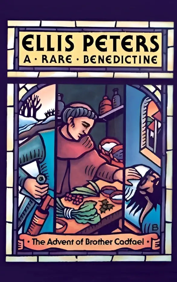 Stained glass book cover of a rare benedictine the advent of brother cadfael with a vibrant medieval scene