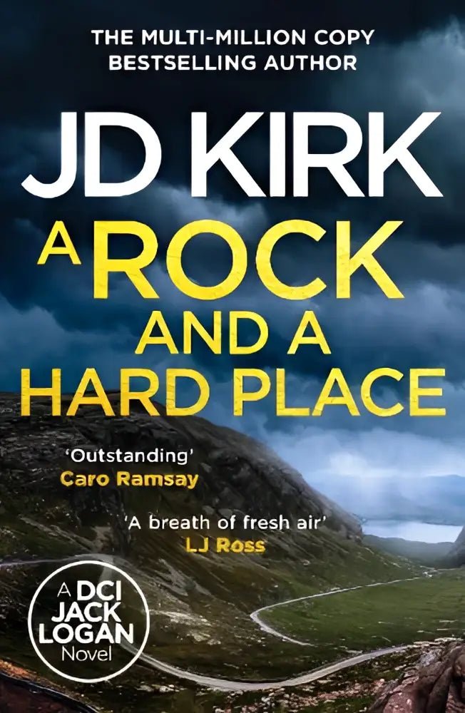 De boekomslag van a rock and a hard place door jd kirk toont gele letters tegen een berglandschap