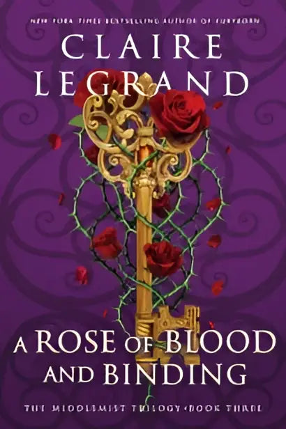 Het boek the middlemist trilogy boek 3 toont een gouden sleutel met rode rozen tegen paarse achtergrond als de dazzling conclusion