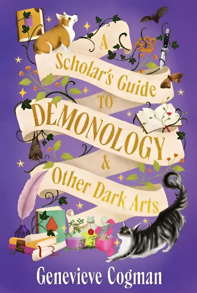 Een paarse boekomslag met een kat, vleermuizen en geleerde voorwerpen voor een guide to demonology en other dark arts