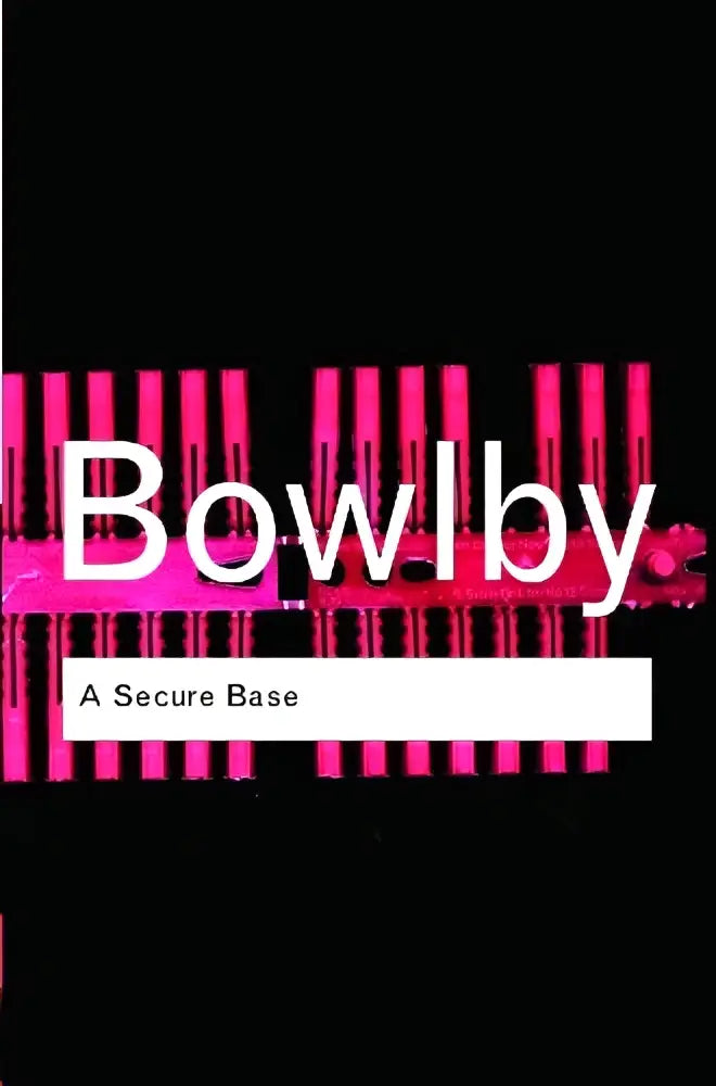 Pink verticale strepen vormen een modern grafisch ontwerp op de zwarte cover van het boek a secure base van bowlby