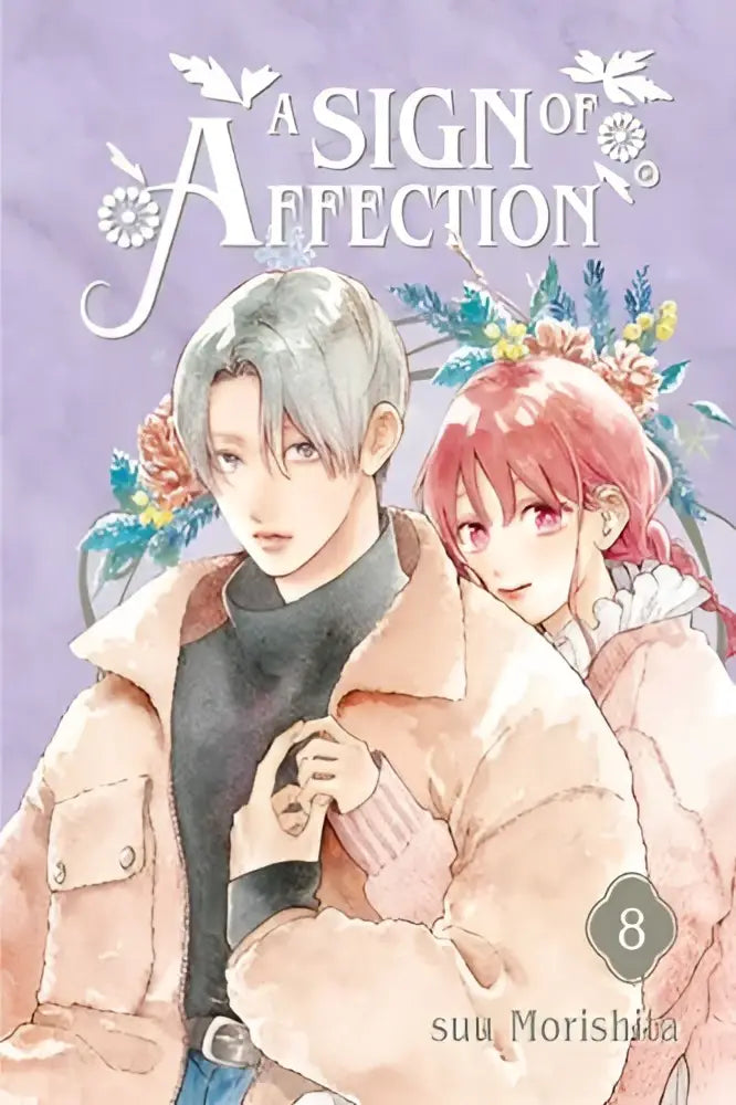 Zacht lavendelkleurig manga boek a sign of affection 8 met zilverharige en roodharige karakters met bloemenkransen