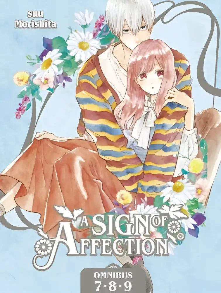 A sign of affection omnibus volume 3 featuring a silver-haired male and pink-haired female in striped sweaters with floral illustrations
