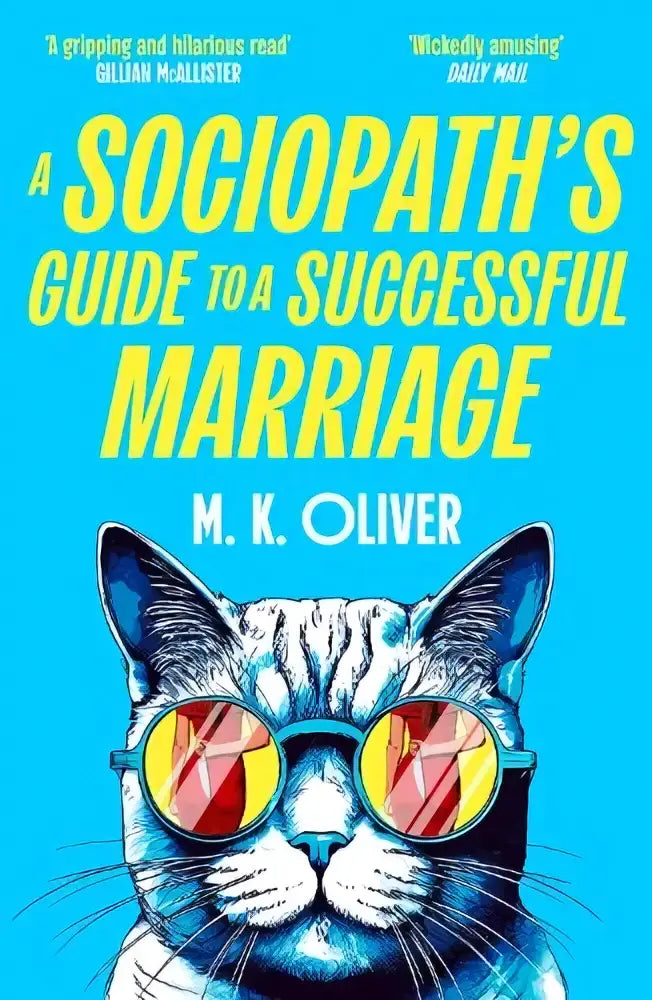 Cartoon kat met stijlvolle blauwgele bril op de cover van a sociopaths guide to a successful marriage door m