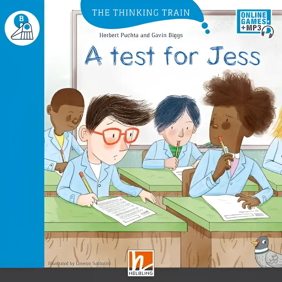 Kleurrijke cover van kinderboek A test for Jess met kids in labjassen bij examen